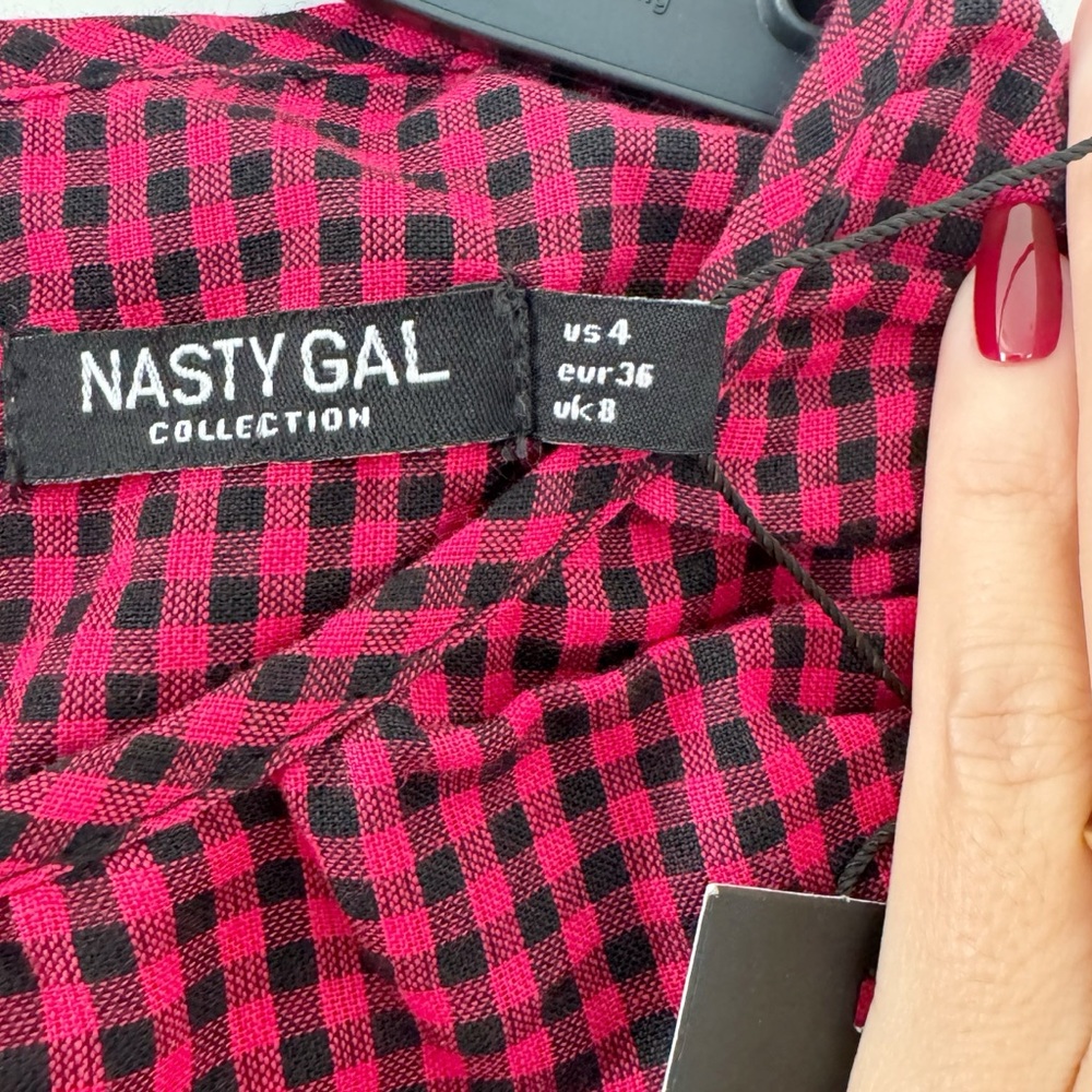 New NASTY-GAL Gingham Ruched Puff Sleeve Mini Dress - Picture 10 of 12